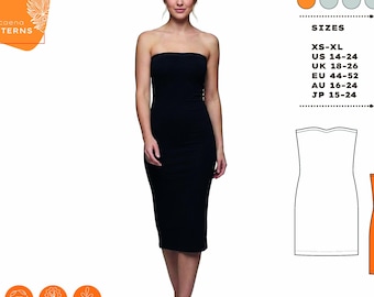 Pode incluir: Esta imagem apresenta um vestido midi preto sem alças. O vestido é usado por uma pessoa. A imagem também inclui um diagrama de padrão e o texto "STRAPLESS MIDI DRESS". O nível de dificuldade é adequado para iniciantes e os tamanhos variam de XS-XL.
