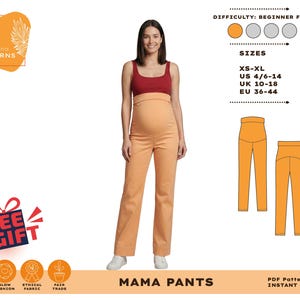 Könnte beinhalten: Eine Frau trägt ein bordeauxrotes Oberteil und eine pfirsichfarbene Umstandshose. Das Bild enthält den Text "MAMA PANTS" und Größenangaben: XS-XL, US 4/6-14, UK 10-18, EU 36-44. Der Schwierigkeitsgrad ist für Anfänger geeignet.