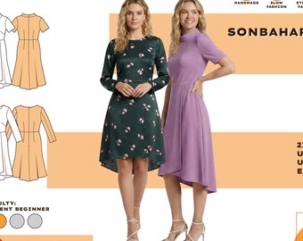 Pode incluir: Duas mulheres em vestidos. Uma veste um vestido verde escuro com um padrão floral, a outra um vestido lavanda. A imagem inclui ilustrações de padrões de vestidos e o texto: "SONBAHAR DRESS", "PDF Pattern + tutorial INSTANT DOWNLOAD".