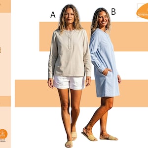 May include: Two women modeling long-sleeve shirts and a dress. The shirt is beige with white shorts, and the dress is light blue. The image includes a pattern and tutorial for sizes XS-XL, US 4-12, UK 10-18, EU 36-44, AU 8-16, and JP 7-15.