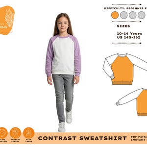 Puede incluir: Una joven lleva una sudadera de contraste blanca y lila y unos vaqueros grises. La imagen incluye un diagrama de patrón y el texto "CONTRAST SWEATSHIRT" y "10-14 años US 140-162".