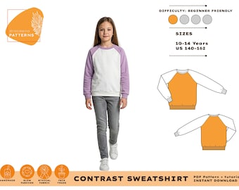 Pode incluir: Uma criança usa um moletom de contraste branco e lilás e jeans cinza. A imagem inclui um diagrama de padrão e o texto "CONTRAST SWEATSHIRT" e "10-14 anos US 140-162".