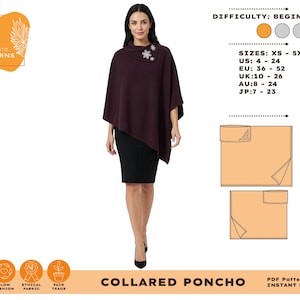 Puede incluir: Una mujer modela un poncho con cuello burdeos con una broche decorativa. La imagen incluye una tabla de tallas (tallas EU 36-52) y un indicador de nivel de dificultad para principiantes. El texto dice "COLLARED PONCHO".