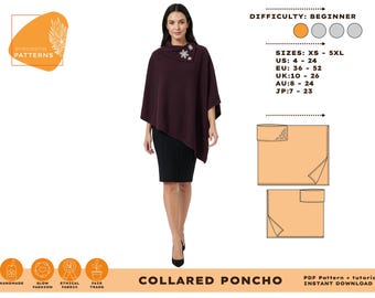 Collared Poncho PDF Sewing Pattern | Winter Knit Poncho | Cape with Collar | XS-5XL | Digital Download