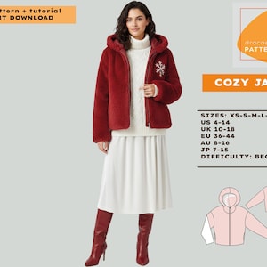 Modello di cucito in PDF per giacca accogliente / 2XS-XL / Giacca in pelliccia sintetica con cappuccio / Adatto ai principianti / Modello invernale