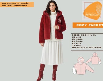 Può includere: Giacca con cappuccio bordeaux con un motivo a fiocco di neve, indossata sopra un maglione e una gonna bianchi. L'immagine include il testo "COZY JACKET" e "PDF Pattern + tutorial INSTANT DOWNLOAD". Taglie: XS-S-M-L-XL, EU 36-44.