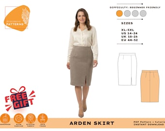 Pode incluir: Uma mulher usando uma saia lápis bege com fenda frontal, combinada com uma blusa creme. A imagem inclui um diagrama de padrão, tabela de tamanhos e o texto "ARDEN SKIRT". A dificuldade é indicada como para iniciantes.