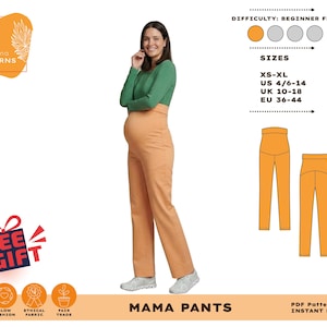 Puede incluir: Una mujer con pantalones de maternidad color melocot&oacute;n y una camisa verde de manga larga. La imagen incluye un dise&ntilde;o de patr&oacute;n para pantalones de maternidad, con detalles de tallas y el texto "MAMA PANTS". La dificultad es para principiantes.