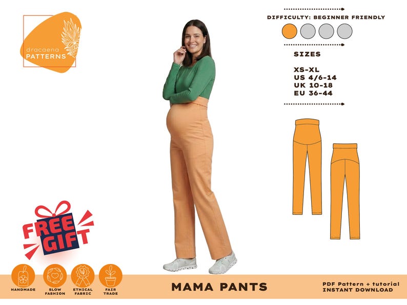 Puede incluir: Una mujer con pantalones de maternidad color melocot&oacute;n y una camisa verde de manga larga. La imagen incluye un dise&ntilde;o de patr&oacute;n para pantalones de maternidad, con detalles de tallas y el texto "MAMA PANTS". La dificultad es para principiantes.