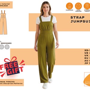 May include: Olive green strap jumpsuit with a white t-shirt underneath. The image includes a pattern diagram, the text "STRAP JUMPSUIT", and size information. The difficulty level is "CONFIDENT BEGINNER".