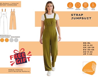 Riemen Jumpsuit PDF Schnittmuster | XS-XL | Weites Bein Jumpsuit | Sommer Jumpsuit aus Viskose | Strampler Muster | Digitaler Download