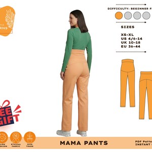 Puede incluir: Una mujer con una camisa verde y pantalones color melocot&oacute;n Mama Pants. La imagen incluye un gr&aacute;fico de los pantalones, detalles de tallas y el texto "MAMA PANTS". La dificultad se indica como apta para principiantes.