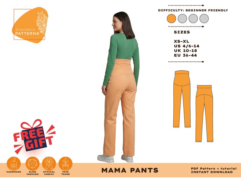 Puede incluir: Una mujer con una camisa verde y pantalones color melocot&oacute;n Mama Pants. La imagen incluye un gr&aacute;fico de los pantalones, detalles de tallas y el texto "MAMA PANTS". La dificultad se indica como apta para principiantes.