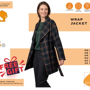 Könnte beinhalten: Eine Frau präsentiert eine karierte Wickeljacke in Schwarz, Grün und Gold. Das Bild enthält den Text „WRAP JACKET“, „FREE GIFT“ und „PDF Pattern + tutorial INSTANT DOWNLOAD“. Der Schwierigkeitsgrad ist mittel.