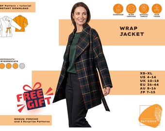 Pode incluir: Uma mulher modela uma jaqueta envelope xadrez preta, verde e dourada. A imagem inclui o texto "WRAP JACKET", "FREE GIFT" e "PDF Pattern + tutorial INSTANT DOWNLOAD". O nível de dificuldade é intermediário.