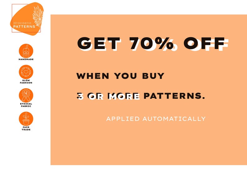 Puede incluir: Gr&aacute;fico naranja con el texto "GET 70% OFF" en letras negras en negrita con un contorno blanco. Tambi&eacute;n se muestra el texto "WHEN YOU BUY 3 OR MORE PATTERNS. APPLIED AUTOMATICALLY".