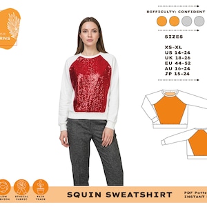 Puede incluir: Una mujer con una sudadera blanca con un panel frontal de lentejuelas rojas y pantalones grises. La imagen incluye un diagrama de patrón y el texto "SQUIN SWEATSHIRT" y "PDF Pattern + tutorial INSTANT DOWNLOAD".