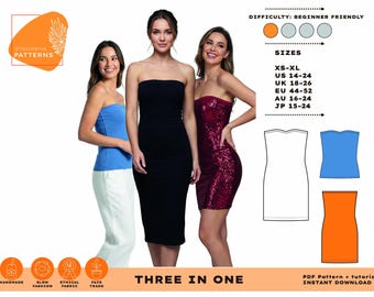 Pode incluir: Um molde de costura para uma peça sem alças com três variações: um top azul, um vestido midi preto e um minivestido bordô com lantejoulas. Texto: Dracaena Patterns, Difficulty: Beginner Friendly, Sizes XS-XL, Three in One.