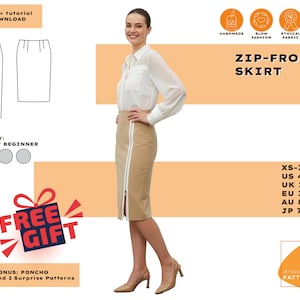 Könnte beinhalten: Beiger Rock mit Reißverschluss vorne und weißem Streifen an der Seite, gezeigt mit einer Frau in einer weißen Bluse. Das Bild enthält Text für ein PDF-Muster, den Schwierigkeitsgrad und eine Größentabelle.