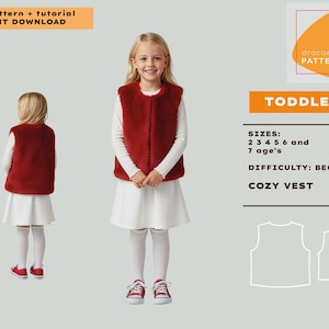 May include: A child wearing a red cozy vest over a white long-sleeved shirt and a white skirt. The image includes text that reads "PDF Pattern + tutorial INSTANT DOWNLOAD" and "TODDLER'S COZY VEST". The pattern is for sizes 2, 3, 4, 5, 6, and 7 age's.
