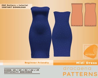 Pode incluir: Um padrão de vestido midi azul marinho com bolinhas brancas. A imagem mostra dois vestidos e um diagrama de padrão. O texto inclui "PDF Pattern + tutorial INSTANT DOWNLOAD", "Beginner Friendly" e "Midi Dress". O padrão é da dracaena PATTERNS.