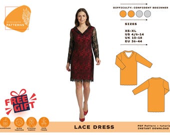 Pode incluir: Uma mulher vestindo um vestido de renda vermelho com mangas e acabamentos em renda preta. A imagem inclui um diagrama de padrão, uma tabela de tamanhos e o texto "LACE DRESS". O nível de dificuldade é "Confident Beginner".