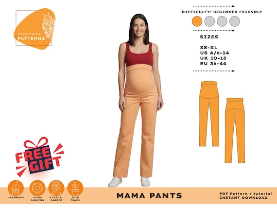 Pregnancy Trousers PDF Pattern, Mama Pants Sewing Pattern, High Waist Maternity Pants Sewing Pattern, PDF Digital Download, Sizes Xs-Xl