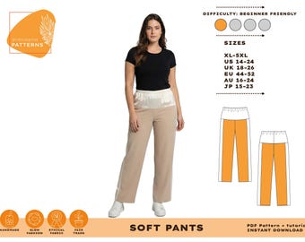 Pode incluir: Um molde de costura para calças macias da Dracaena Patterns. O design apresenta uma silhueta de perna larga com cós e painéis laterais contrastantes. Inclui tamanhos XL-5XL, US 14-24, UK 18-26, EU 44-52, AU 16-24 e JP 15-23. Nível para iniciantes.