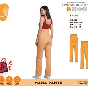 Puede incluir: Una mujer con un top burdeos y pantalones Mama color melocot&oacute;n. La imagen incluye un gr&aacute;fico con el texto "drocaena PATTERNS" y una tabla de tallas para XS-XL, UK 10-18 y EU 36-44. La dificultad se indica como apta para principiantes. La imagen tambi&eacute;n incluye el texto "FREE GIFT".
