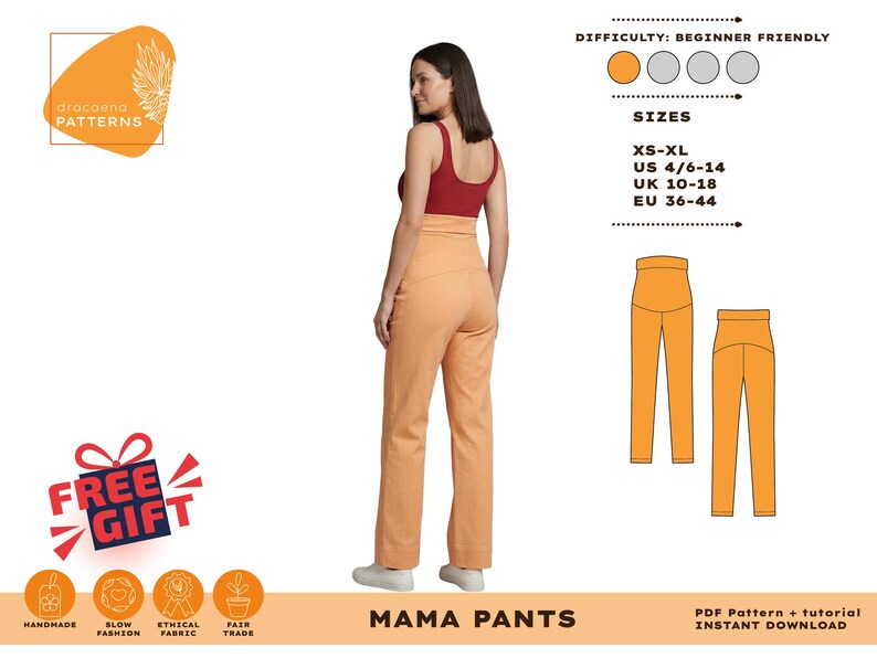 Puede incluir: Una mujer con un top burdeos y pantalones Mama color melocot&oacute;n. La imagen incluye un gr&aacute;fico con el texto "drocaena PATTERNS" y una tabla de tallas para XS-XL, UK 10-18 y EU 36-44. La dificultad se indica como apta para principiantes. La imagen tambi&eacute;n incluye el texto "FREE GIFT".