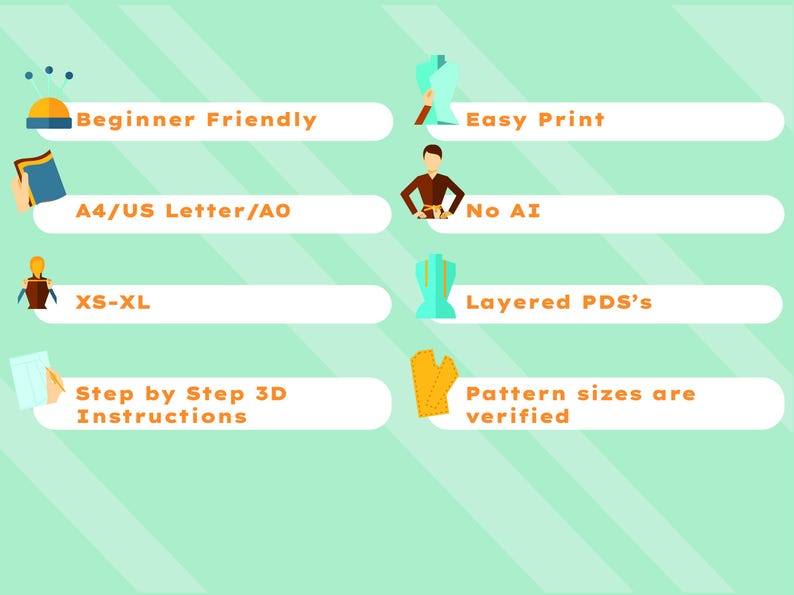 Puede incluir: Infograf&iacute;a con texto sobre un fondo verde claro. El texto incluye "Beginner Friendly", "Easy Print", "A4/US Letter/AO", "No AI", "XS-XL", "Layered PDS's", "Step by Step 3D Instructions" y "Pattern sizes are verified".