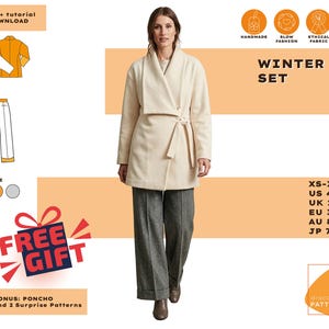 Op de afbeelding: Een vrouw draagt een crèmekleurige wikkeljas en een grijze broek. De afbeelding bevat een "Winter Set"-afbeelding, een maattabel en een "Free Gift"-promotie. De moeilijkheidsgraad is gemiddeld.