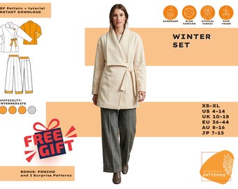 Pode incluir: Uma mulher usa um casaco envolvente creme e calças cinzentas. A imagem inclui um gráfico "Winter Set", uma tabela de tamanhos e uma promoção "Free Gift". A dificuldade é intermédia.