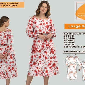 May include: A white midi dress with a red floral pattern and off-the-shoulder sleeves. The dress is part of the "Rhapsody Dress" pattern, available in sizes XL-5XL. The difficulty level is beginner. The image also includes the text "PDF Pattern + tutorial INSTANT DOWNLOAD".