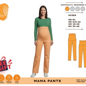 Puede incluir: Una mujer con una camisa verde y pantalones de maternidad color melocot&oacute;n. La imagen incluye un gr&aacute;fico de los pantalones, una tabla de tallas y el texto "MAMA PANTS". El nivel de dificultad es para principiantes. Tallas: EU 36-44.