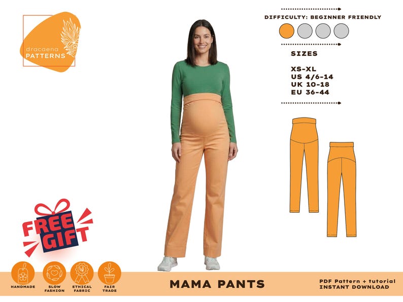 Puede incluir: Una mujer con una camisa verde y pantalones de maternidad color melocot&oacute;n. La imagen incluye un gr&aacute;fico de los pantalones, una tabla de tallas y el texto "MAMA PANTS". El nivel de dificultad es para principiantes. Tallas: EU 36-44.
