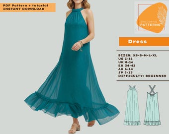 Pode incluir: Um vestido maxi turquesa com gola alta, saia fluida e bainha com babados. O vestido é mostrado em uma pessoa. A imagem inclui o texto "PDF Pattern + tutorial INSTANT DOWNLOAD" e "Dress". Dificuldade: iniciante.