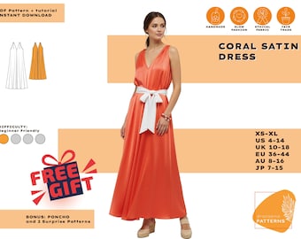 Patrón de costura para vestido de satén en PDF / Tallas XS-XL / Patrón para vestido de noche de verano / Vestido de noche de satén de seda / Tamaños A4-A0-Carta / Descarga digital