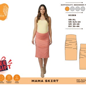 Puede incluir: Una mujer lleva una falda Mama color melocotón y un top amarillo. La imagen incluye un patrón para la falda, con tallas XS-XL, US 4/6-14, UK 10-18 y EU 36-44. El nivel de dificultad es apto para principiantes. La imagen también incluye el texto "FREE GIFT".