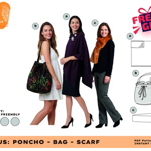 Puede incluir: Imagen que presenta a tres mujeres con un poncho, un bolso y una bufanda. La imagen incluye un bolso floral negro, un poncho morado y una bufanda naranja. El texto incluye "dracaena PATTERNS", "HANDMADE", "SLOW FASHION", "ETHICAL FABRIC", "FAIR TRADE" y "BEGINNER FRIENDLY".