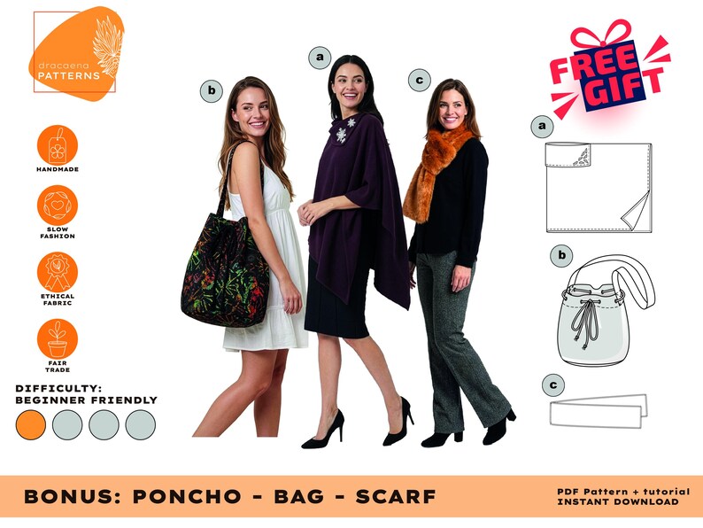 Puede incluir: Imagen que presenta a tres mujeres con un poncho, un bolso y una bufanda. La imagen incluye un bolso floral negro, un poncho morado y una bufanda naranja. El texto incluye "dracaena PATTERNS", "HANDMADE", "SLOW FASHION", "ETHICAL FABRIC", "FAIR TRADE" y "BEGINNER FRIENDLY".