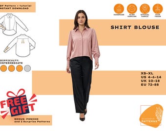 Pode incluir: Uma mulher vestindo uma blusa rosa claro e calças pretas. A imagem inclui um padrão de blusa, o texto "SHIRT BLOUSE" e informações de tamanho. O nível de dificuldade é intermediário.