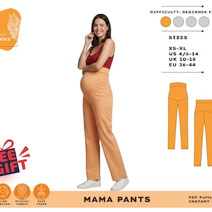 Puede incluir: Una mujer con pantalones de maternidad color melocot&oacute;n y una blusa burdeos. La imagen incluye un gr&aacute;fico de los pantalones, una tabla de tallas y el texto "MAMA PANTS". El nivel de dificultad es apto para principiantes. La imagen tambi&eacute;n incluye el texto "FREE GIFT".