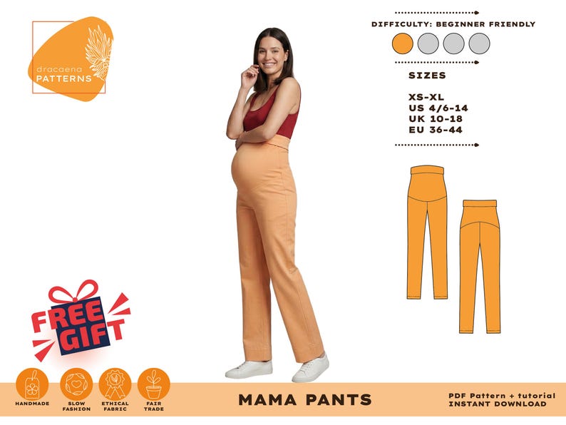 Puede incluir: Una mujer con pantalones de maternidad color melocot&oacute;n y una blusa burdeos. La imagen incluye un gr&aacute;fico de los pantalones, una tabla de tallas y el texto "MAMA PANTS". El nivel de dificultad es apto para principiantes. La imagen tambi&eacute;n incluye el texto "FREE GIFT".