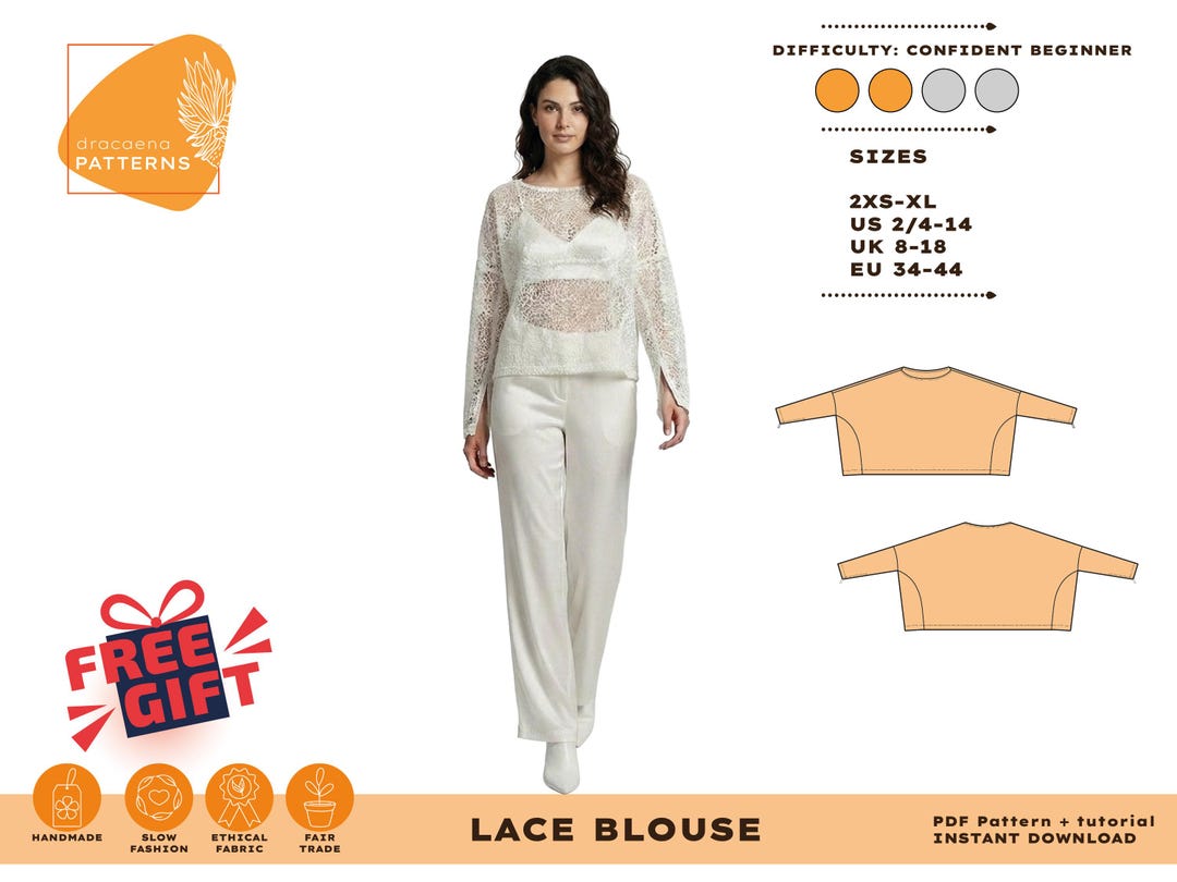 Lace Blouse Sewing Pattern PDF, Sheer Long Sleeve Top Pattern, Elegant ...
