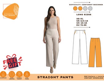 Pode incluir: Uma mulher vestindo um top bege sem mangas e calças retas combinando. A imagem inclui um padrão para calças retas, uma tabela de tamanhos e o texto "STRAIGHT PANTS" e "FREE GIFT".