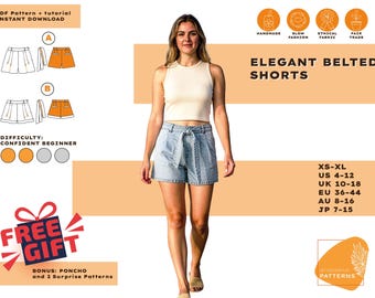 Pode incluir: Uma pessoa usando shorts azuis claros com cinto e um top creme. A imagem inclui o texto "ELEGANT BELTED SHORTS" e "PDF Pattern + tutorial INSTANT DOWNLOAD". O nível de dificuldade é "CONFIDENT BEGINNER".