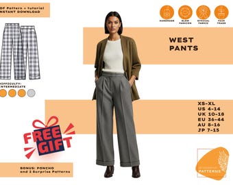 Wijde pijpen, hoge taille broek pdf naaipatroon | Op maat gemaakte broek met paspelzakken | Gemiddeld patroon | Digitale download