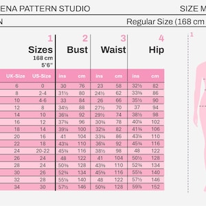Puede incluir: Tabla de tallas de ropa de mujer de Dracaena Pattern Studio. La tabla incluye medidas en cm y pulgadas para busto, cintura y cadera, con tallas europeas, brit&aacute;nicas y estadounidenses correspondientes. Talla regular: 168 cm (5'6").