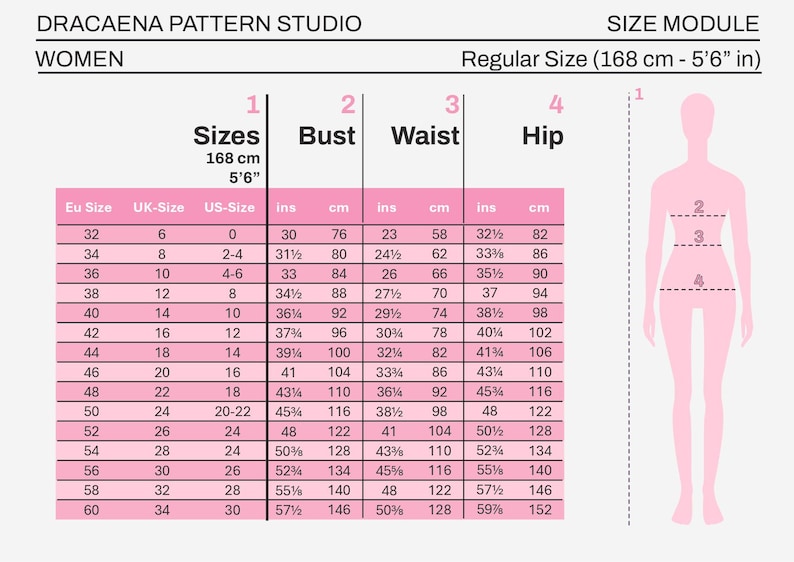 Puede incluir: Tabla de tallas de ropa de mujer de Dracaena Pattern Studio. La tabla incluye medidas en cm y pulgadas para busto, cintura y cadera, con tallas europeas, brit&aacute;nicas y estadounidenses correspondientes. Talla regular: 168 cm (5'6").